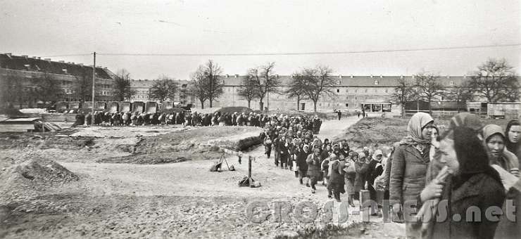 Zwangsarbeiterinnen.jpg - Ankommende Zwangsarbeiterinnen der Hermann-Göring-Werke auf dem Weg ins Wohnlager 44 in Niedernhart. Im Hintergrund ist der Wohnblock „Am Bindermichl-Stadlerstraße“ zu sehen.